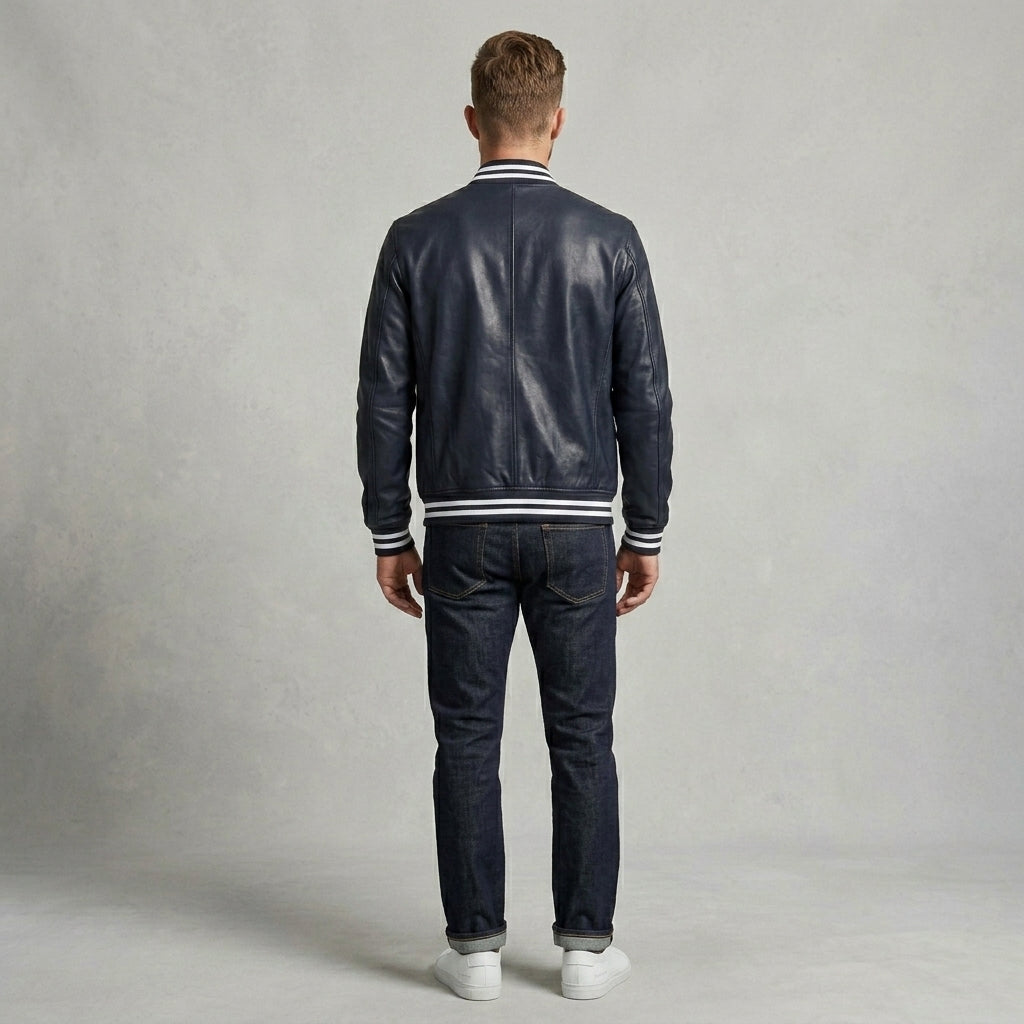 Men’s Slim Fit Blue Leather Varsity Jacket – Streetwear Letterman Style