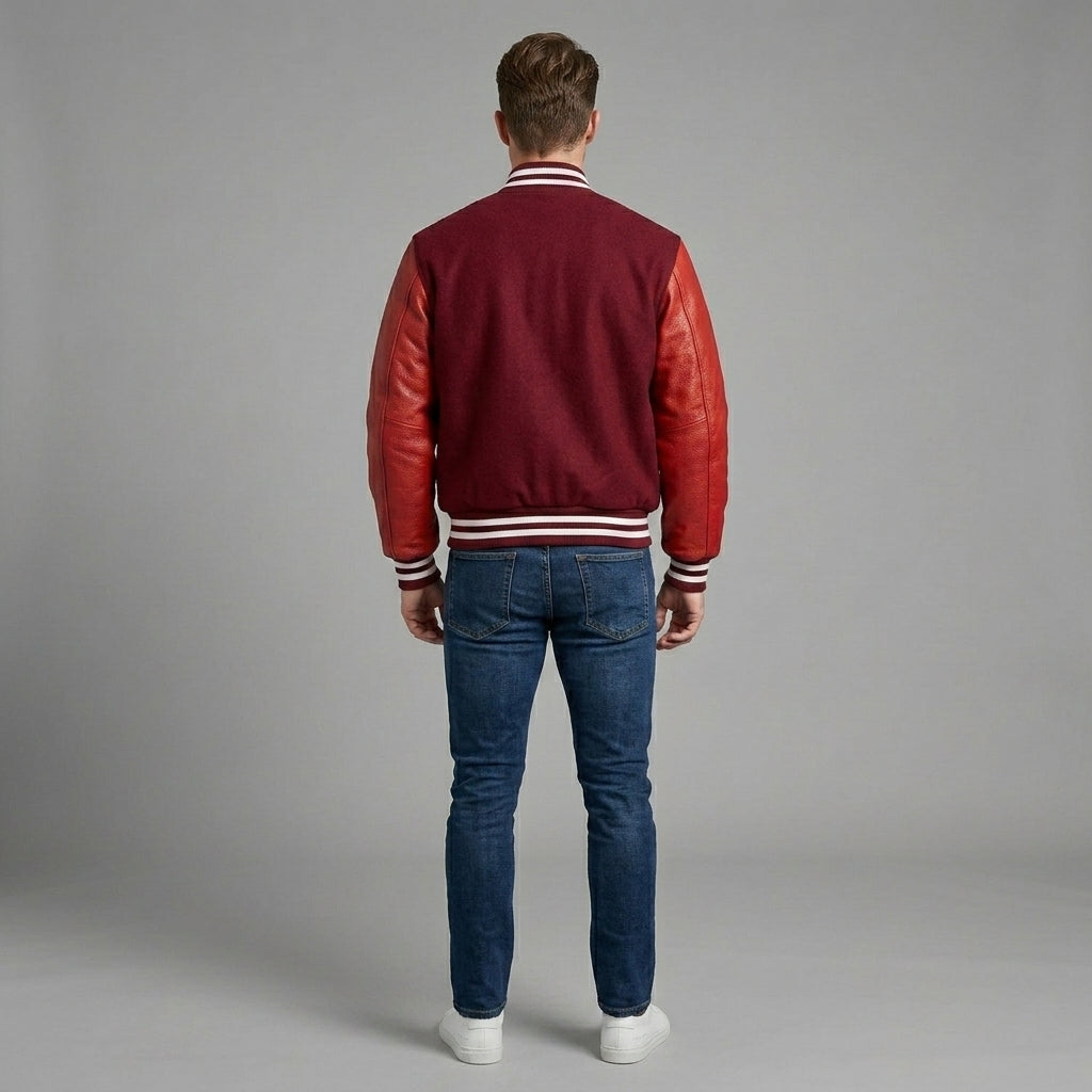 Men’s Maroon Wool Varsity Jacket – Slim Fit Leather Sleeves Baseball Letterman