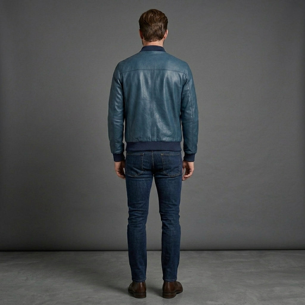 Men’s Navy Waxed Leather Bomber Jacket – Slim Fit Streetwear Style
