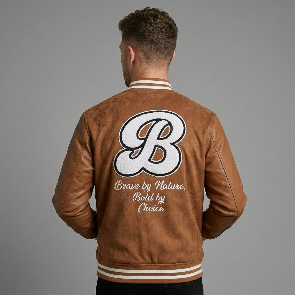 Men’s Slim Fit Brown Varsity Jacket – Patchwork Retro Letterman Style