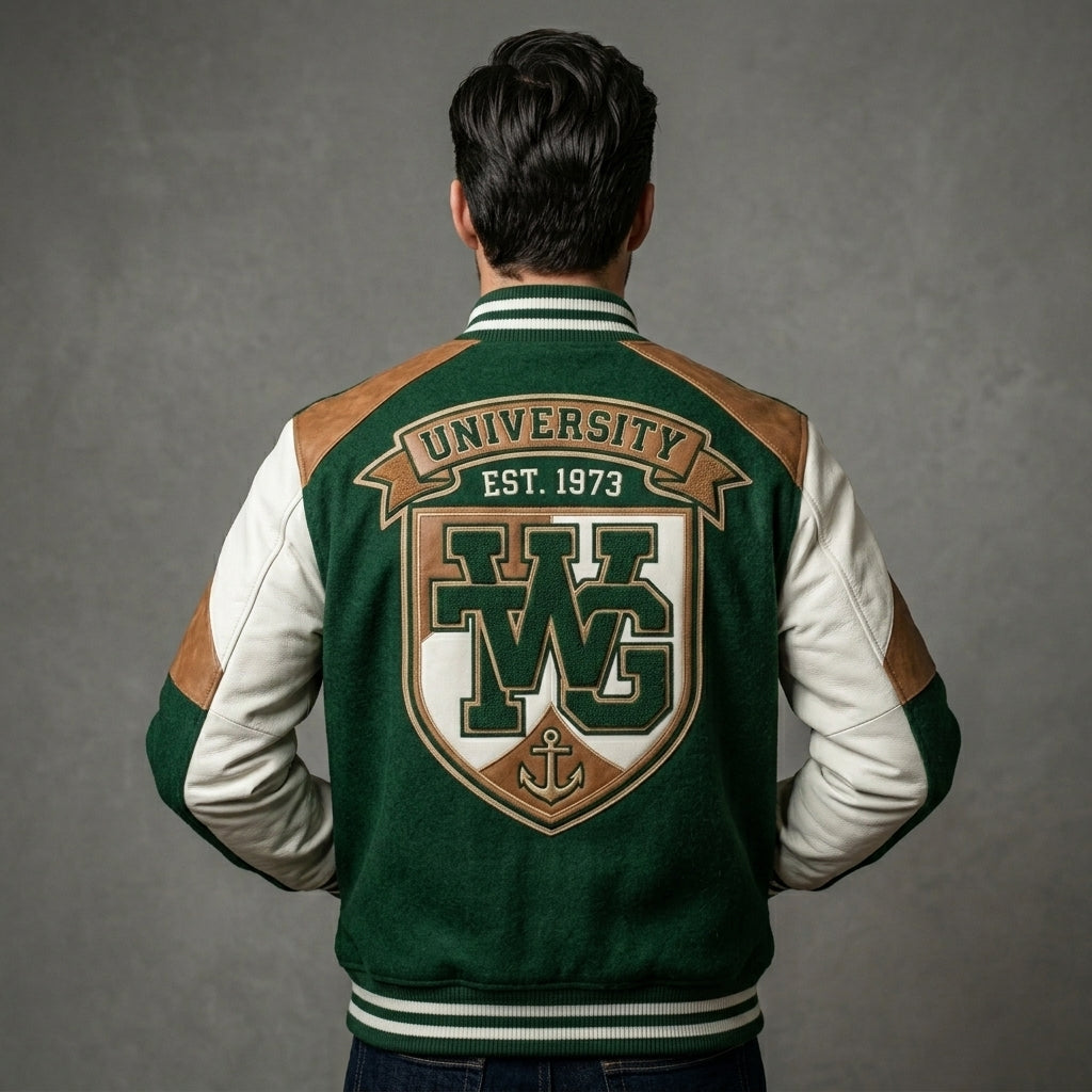 Men’s Lightweight Varsity Bomber Jacket – Green & White Casual Streetwear