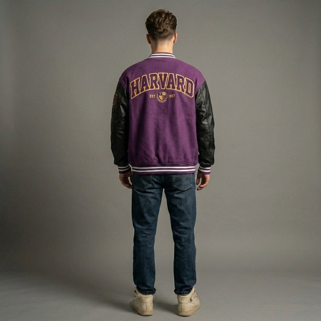 Men’s Varsity Bomber Jacket – Leather Sleeve Letterman Vintage Lightweight Outerwear