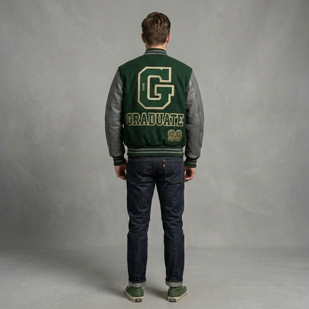 Men’s Green & Grey Vintage Varsity Jacket – Retro Streetwear Letterman Style
