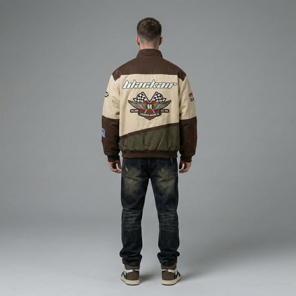 Men’s Varsity Baseball Bomber Jacket – Vintage Cotton Racing Streetwear with Pocket