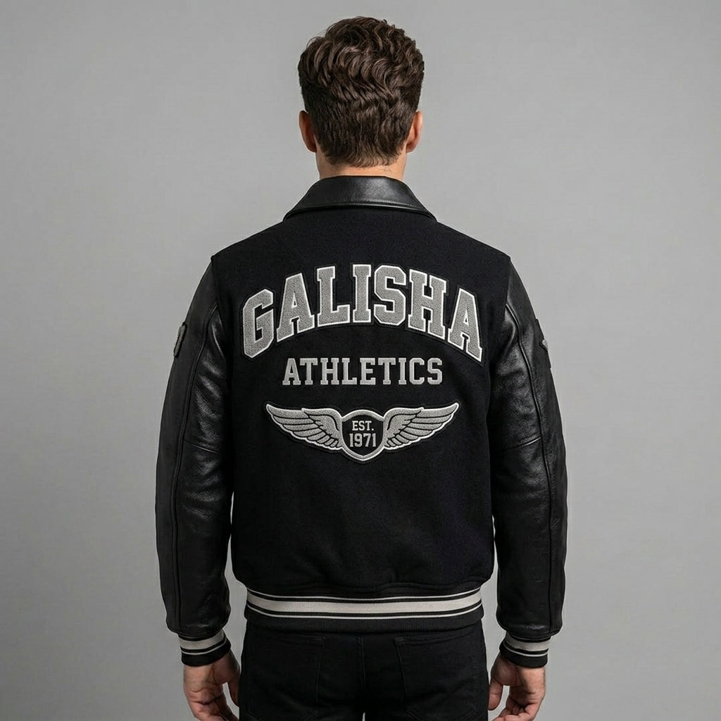 Men’s Black Varsity Style Jacket – Wool Letterman Jacket Retro Streetwear