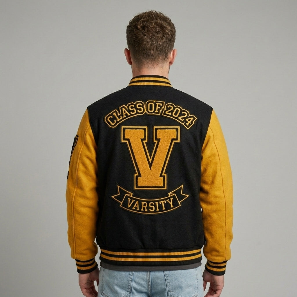 Men’s Yellow & Black Wool Varsity Jacket – Retro Letterman Streetwear Style