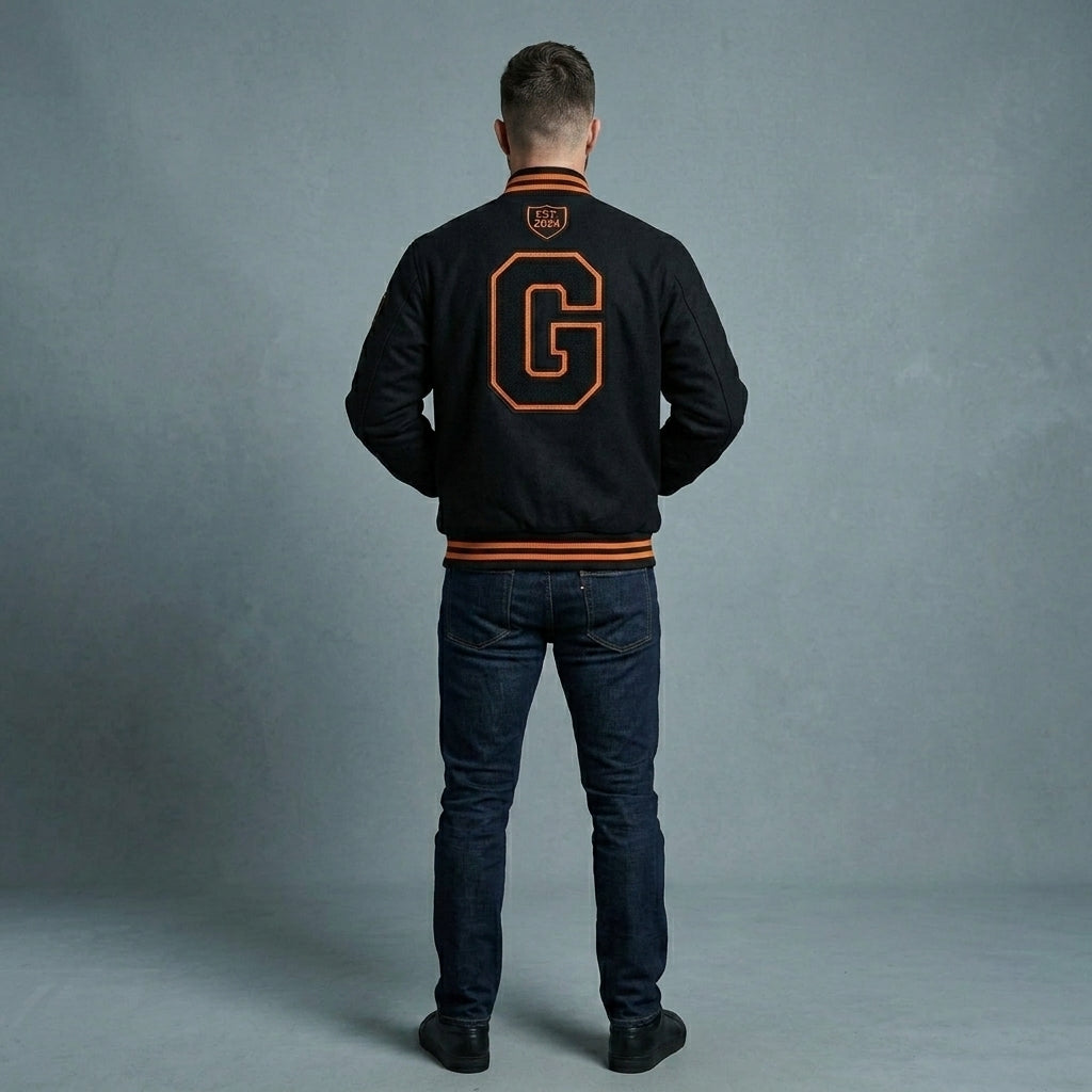 Men’s Black Wool Varsity Jacket – Orange Lining Letterman Streetwear Style