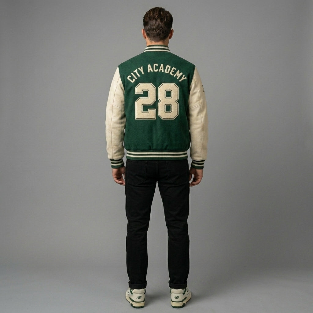 Men’s Light Green Varsity Jacket – Slim Fit Letterman with Cream Faux Leather Sleeves