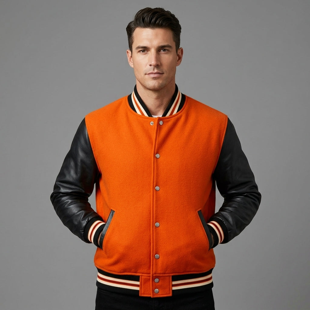 Custom Wool Varsity Jacket with Leather Sleeves – Embroidered Letterman Style