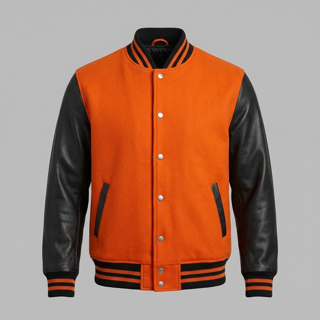 Custom Wool Varsity Jacket with Leather Sleeves – Embroidered Letterman Style