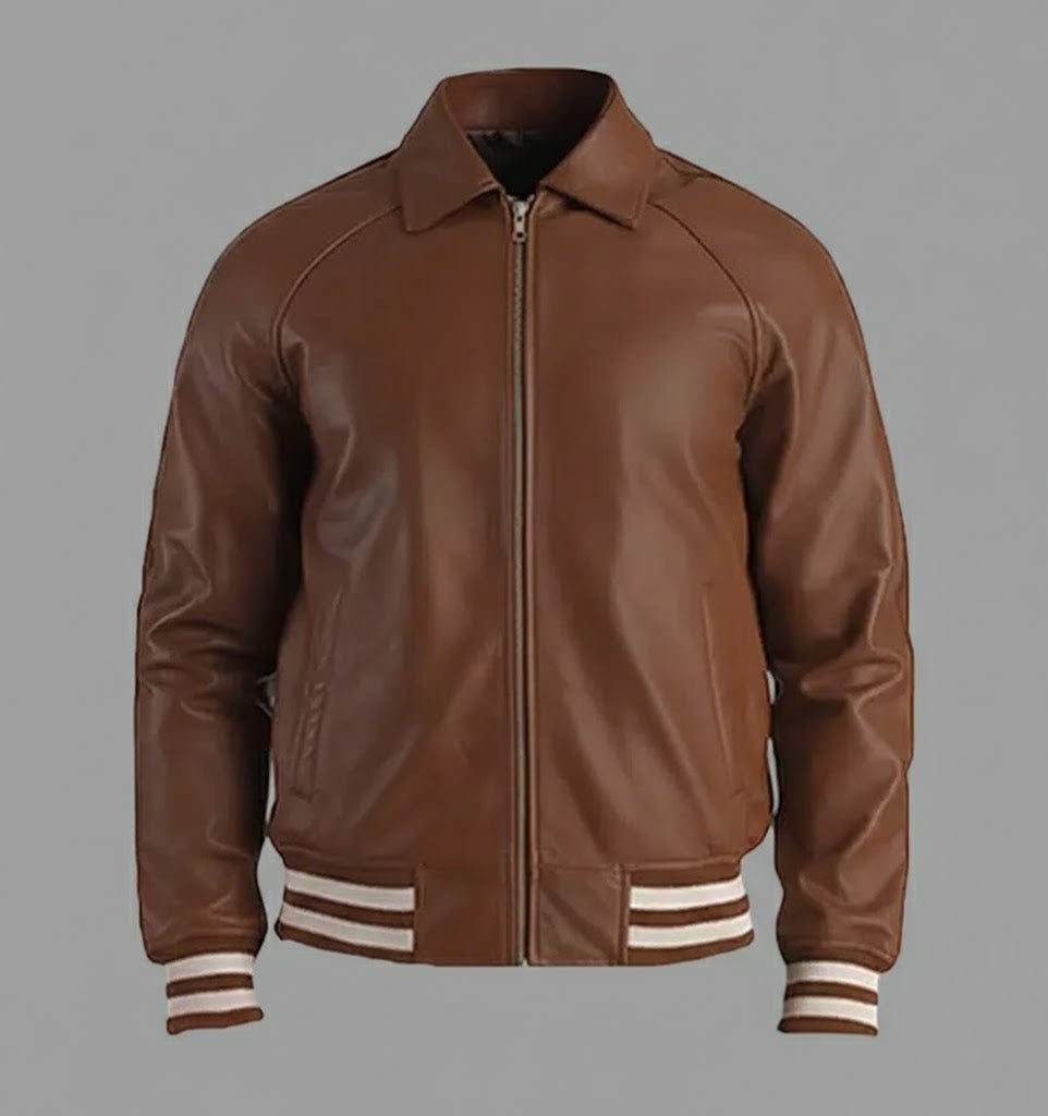 Dark Brown Leather Varsity Jacket Men