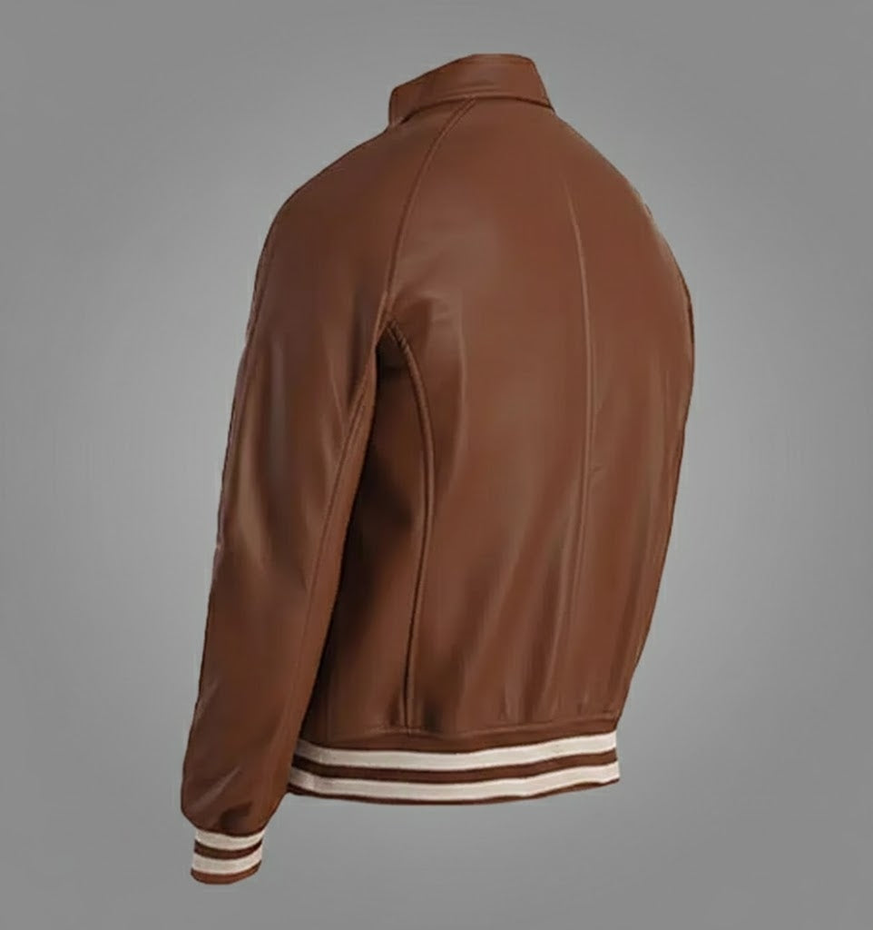 Dark Brown Leather Varsity Jacket Men