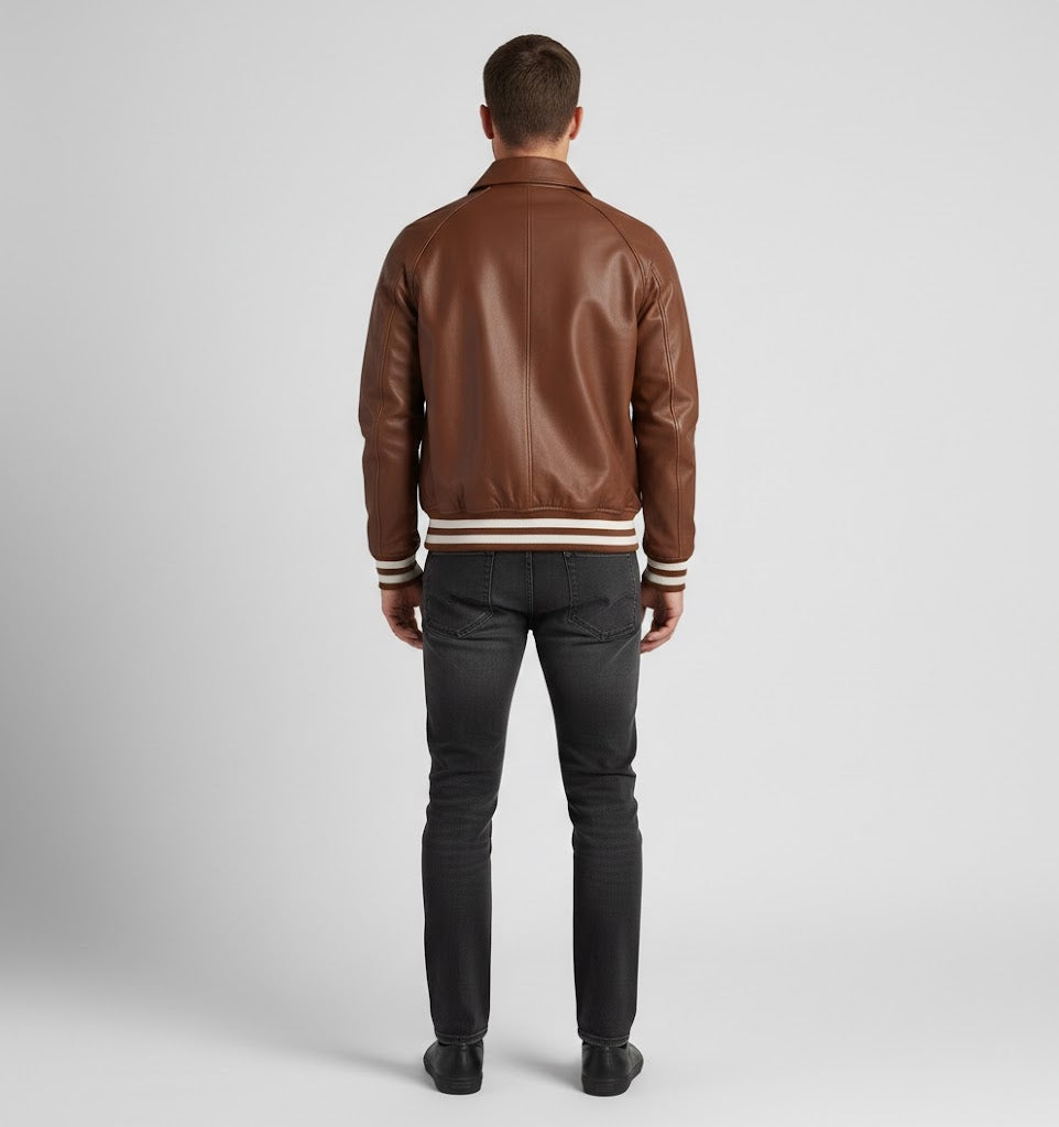 Dark Brown Leather Varsity Jacket Men