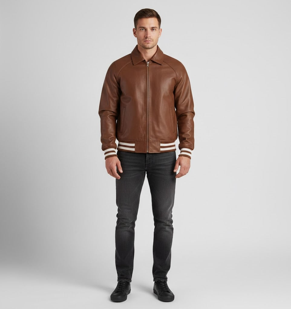 Dark Brown Leather Varsity Jacket Men
