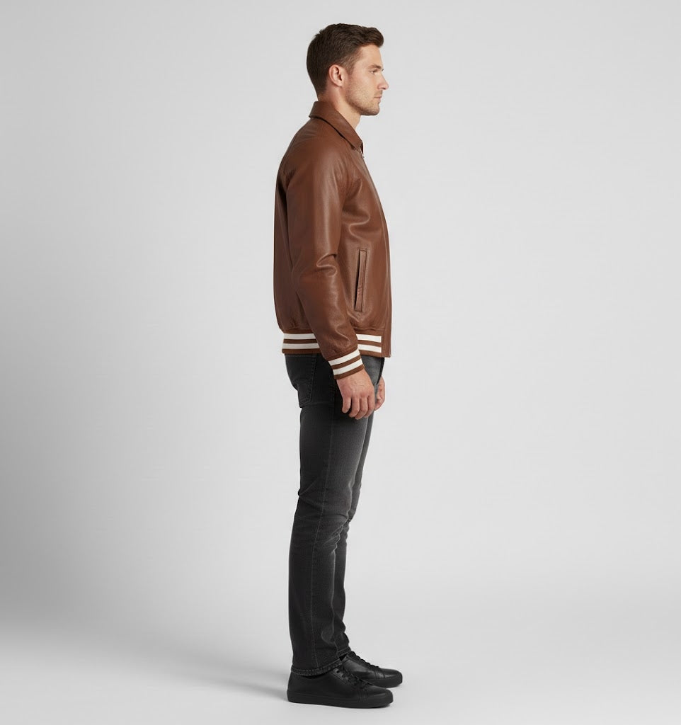 Dark Brown Leather Varsity Jacket Men