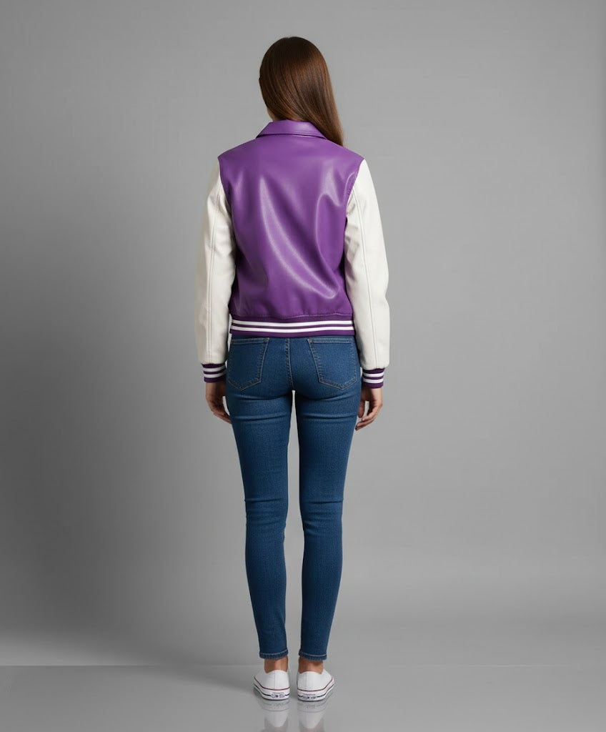 Dark Purple & White Leather Women’s Varsity Jacket