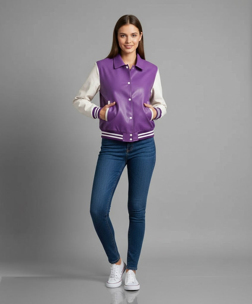 Dark Purple & White Leather Women’s Varsity Jacket