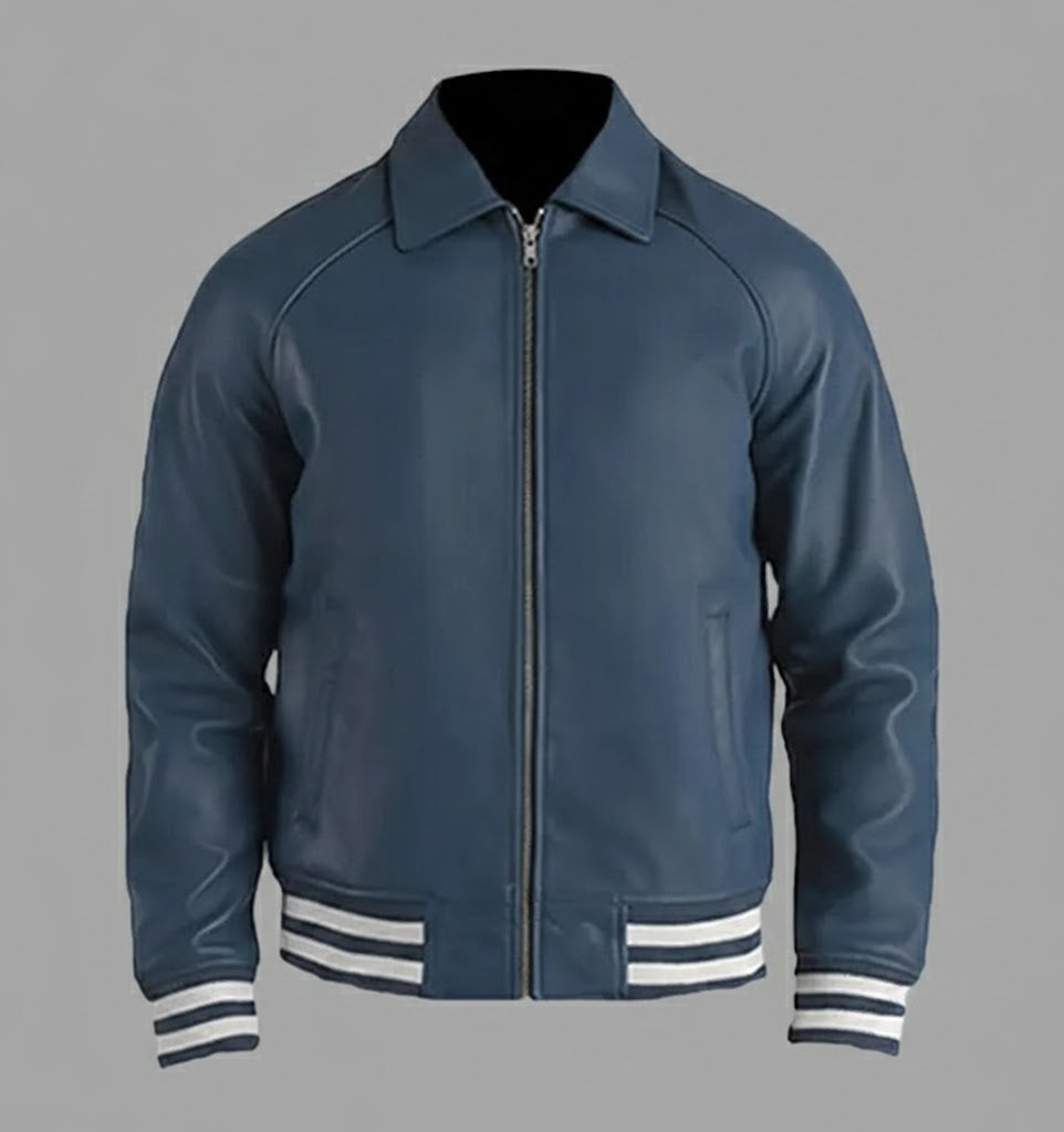 Deep Blue Leather Varsity Jacket