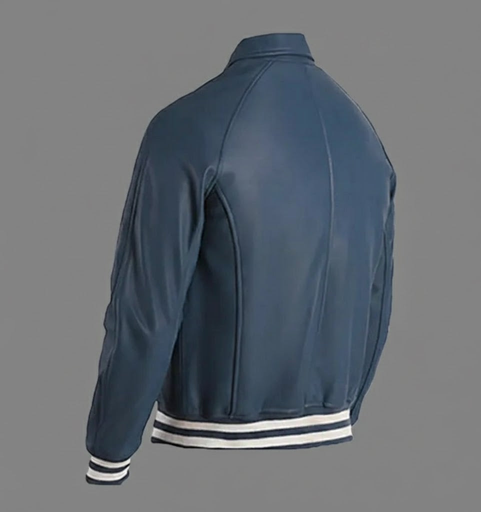 Deep Blue Leather Varsity Jacket