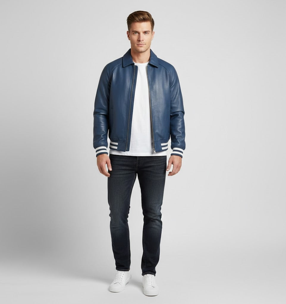 Deep Blue Leather Varsity Jacket