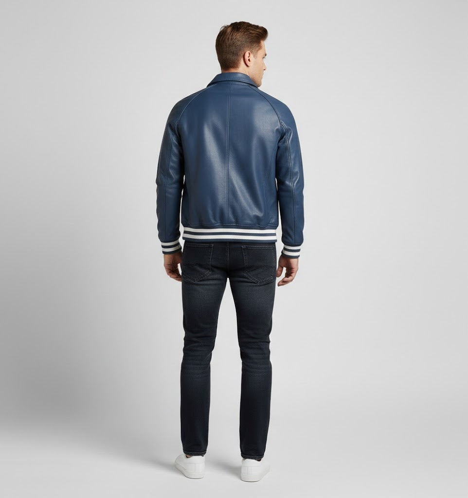 Deep Blue Leather Varsity Jacket