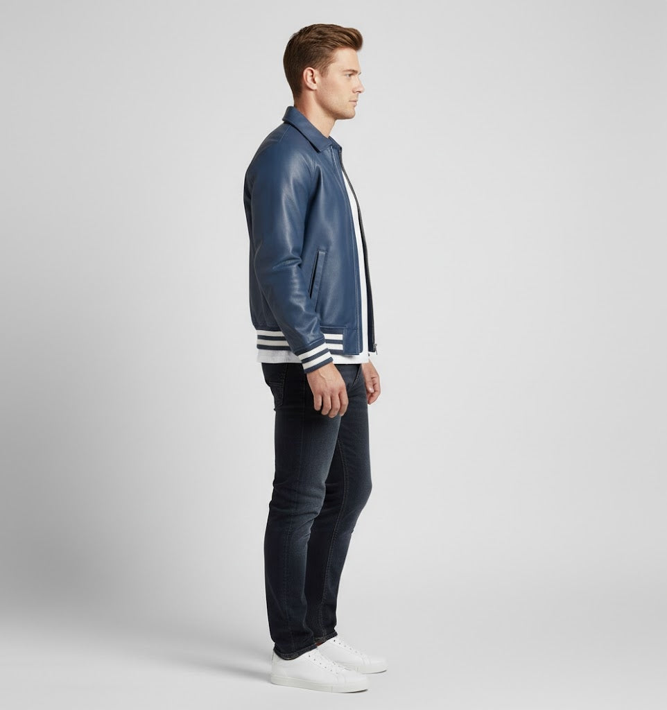 Deep Blue Leather Varsity Jacket