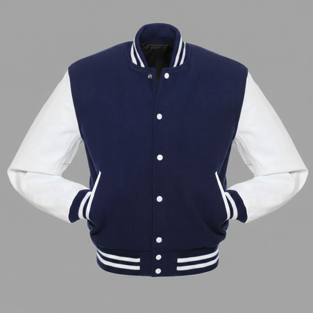 Deep Blue Leather Varsity Jacket with White Sleeves