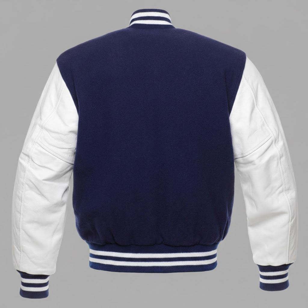 Deep Blue Leather Varsity Jacket with White Sleeves