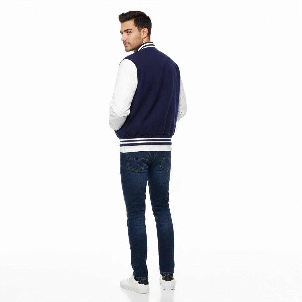 Deep Blue Leather Varsity Jacket with White Sleeves