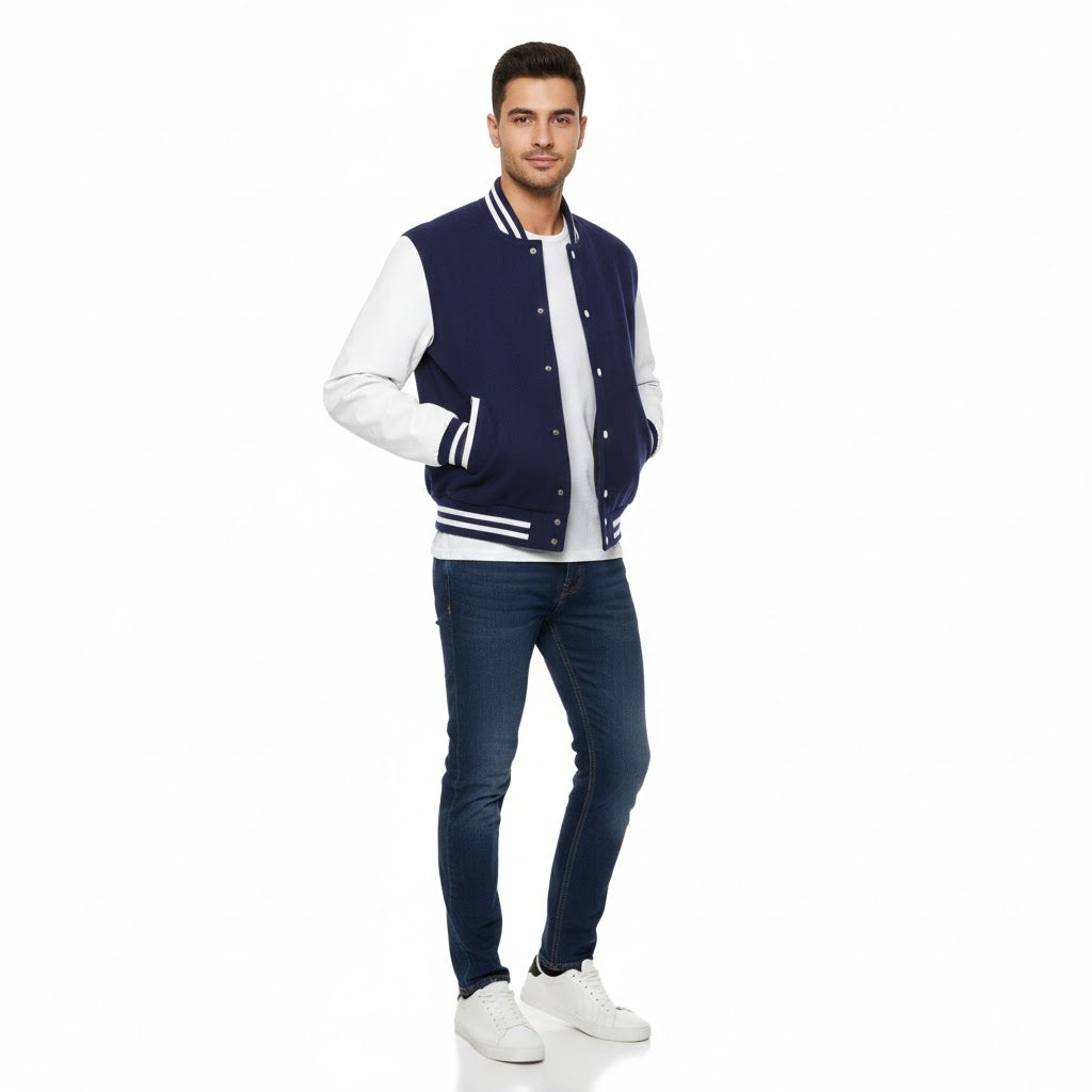 Deep Blue Leather Varsity Jacket with White Sleeves