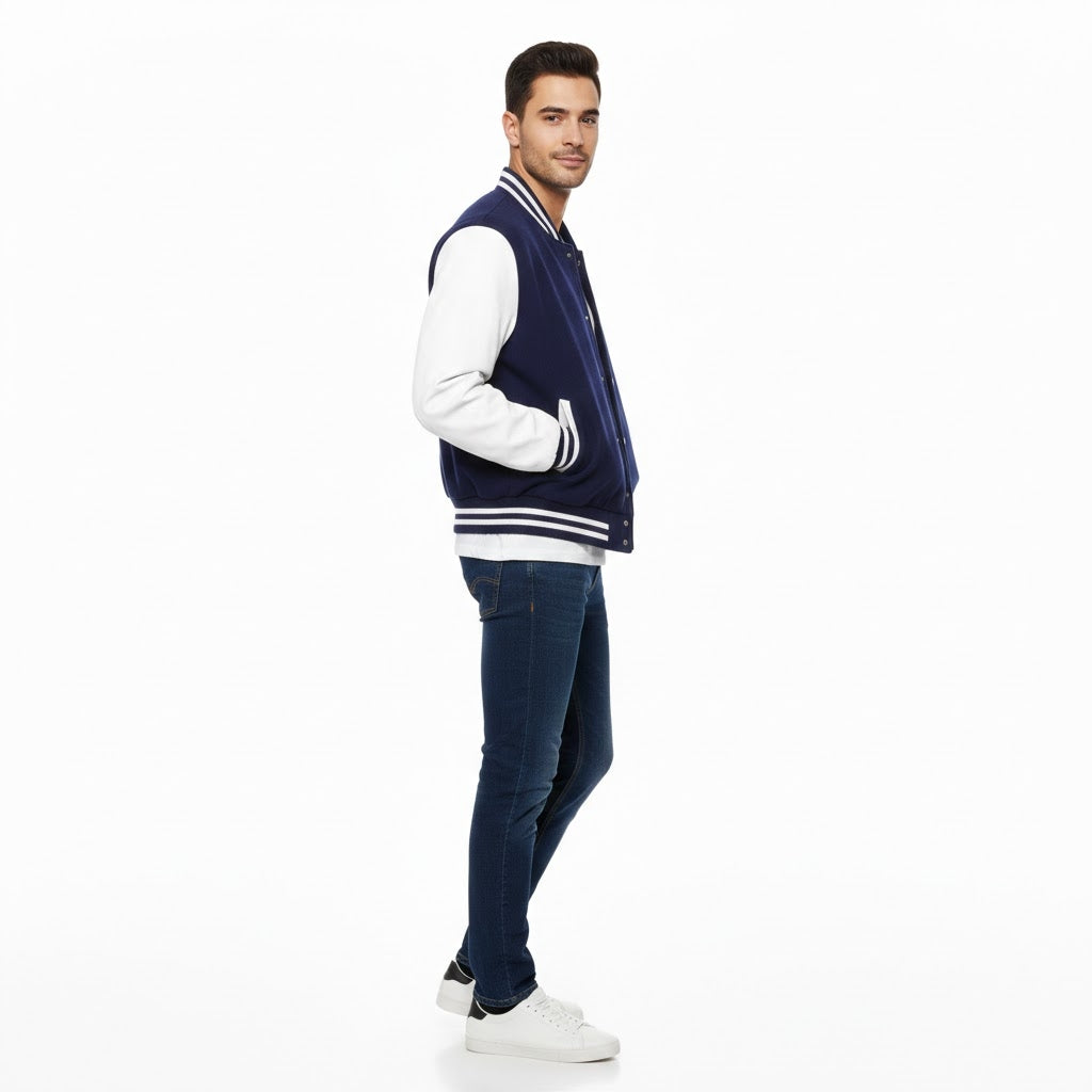 Deep Blue Leather Varsity Jacket with White Sleeves