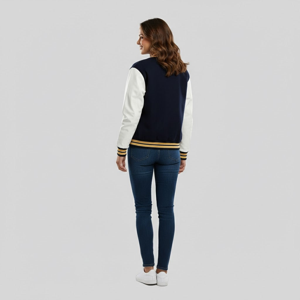 Deep Blue & White Women's Leather Varsity Jacket