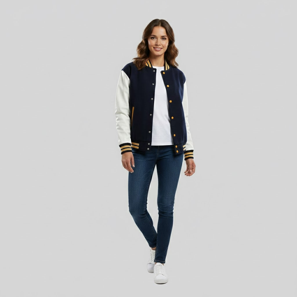 Deep Blue & White Women's Leather Varsity Jacket