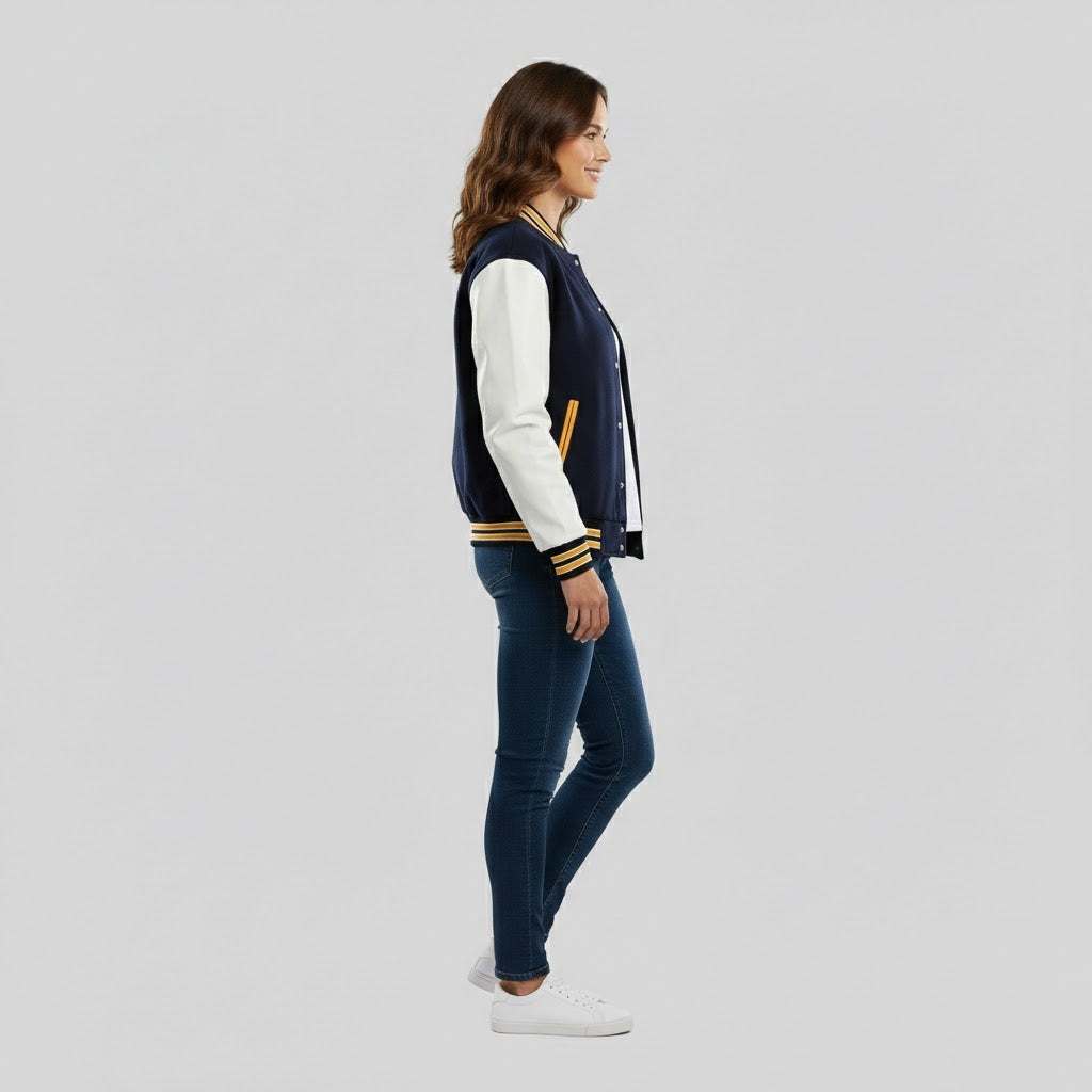 Deep Blue & White Women's Leather Varsity Jacket