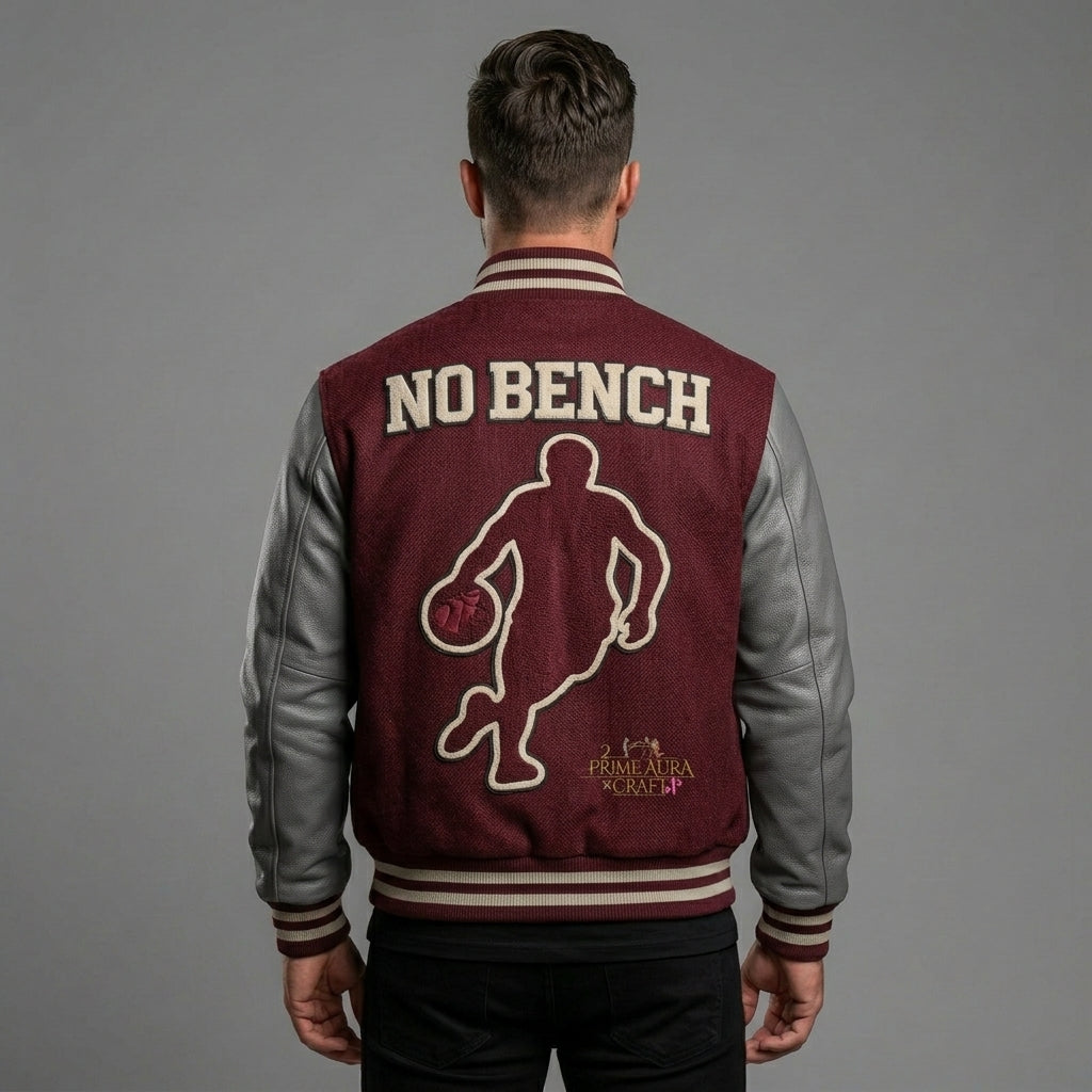 Embroidered Basketball Varsity Jacket – Handmade Leather Sleeve Letterman