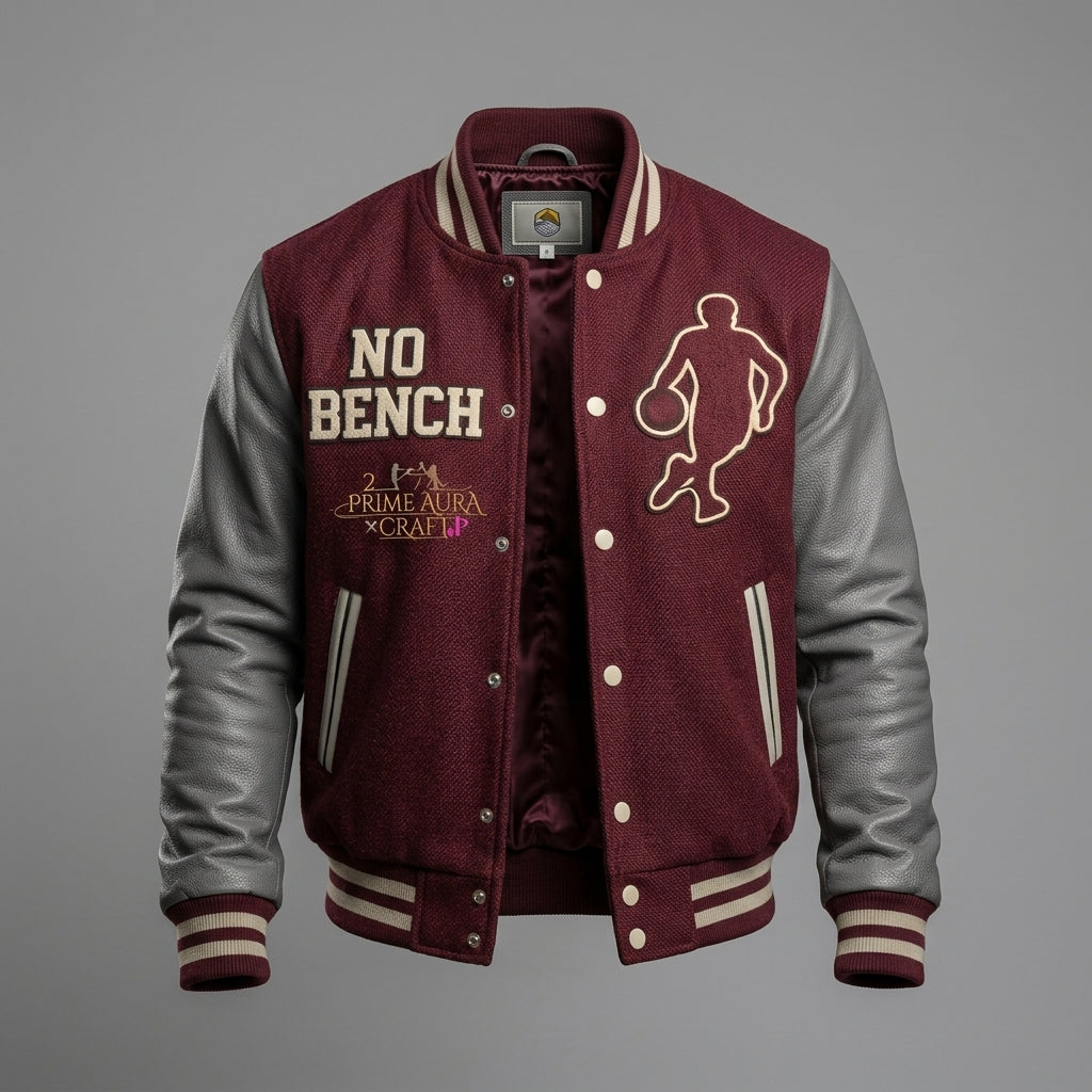 Embroidered Basketball Varsity Jacket – Handmade Leather Sleeve Letterman