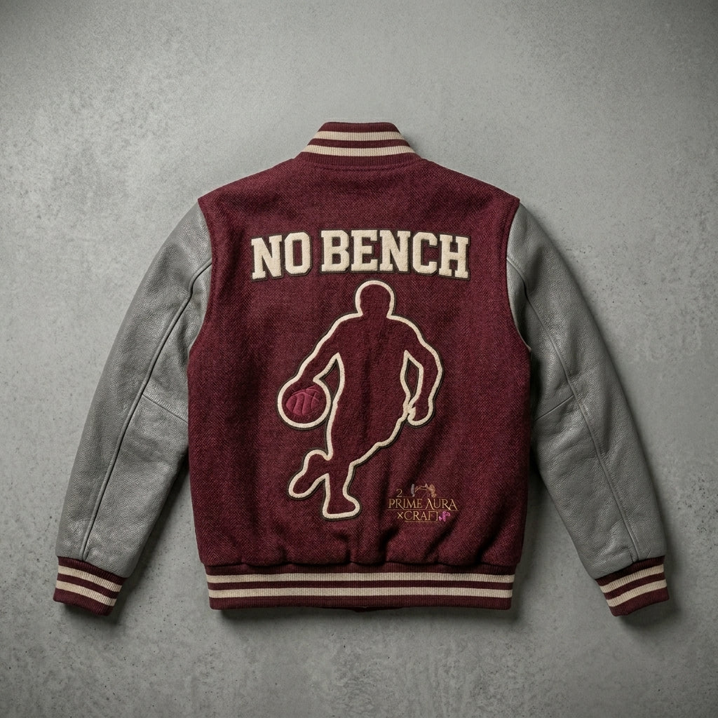 Embroidered Basketball Varsity Jacket – Handmade Leather Sleeve Letterman