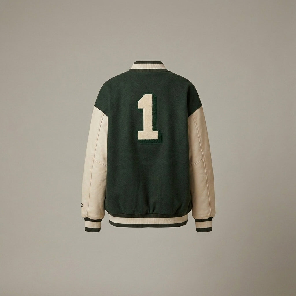 Emerald Crest Bottle Green & Cream Women’s Varsity Jacket