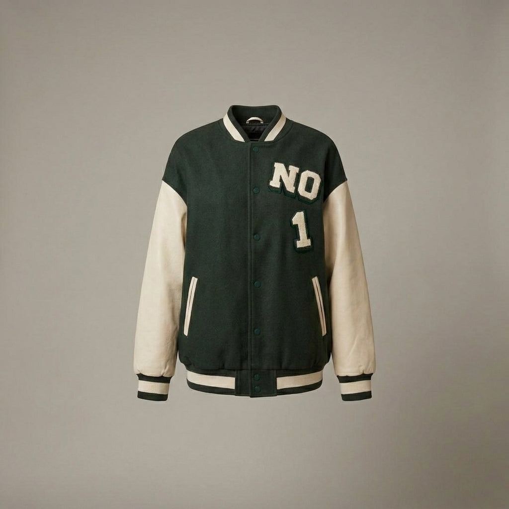Emerald Crest Bottle Green & Cream Women’s Varsity Jacket