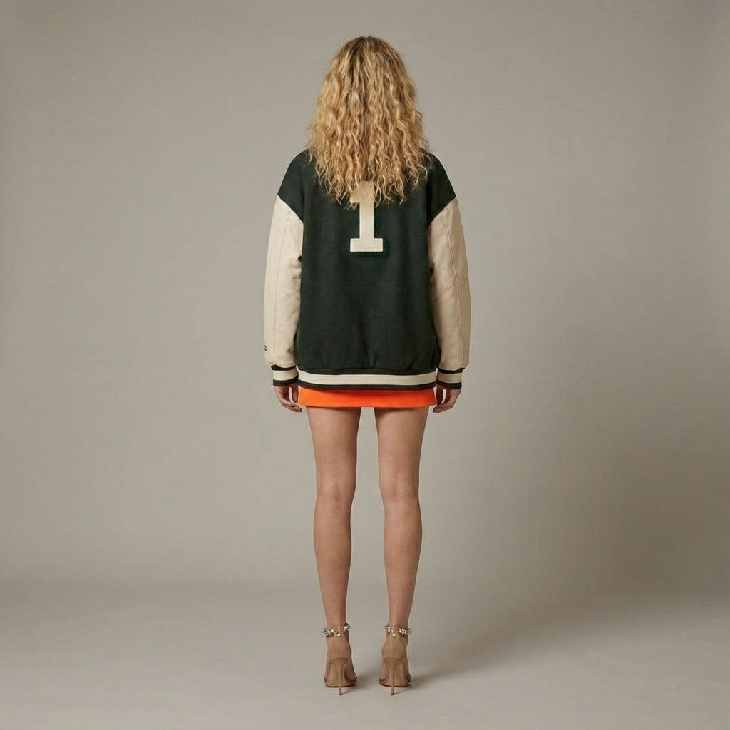 Emerald Crest Bottle Green & Cream Women’s Varsity Jacket