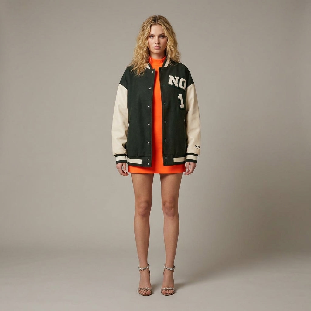 Emerald Crest Bottle Green & Cream Women’s Varsity Jacket