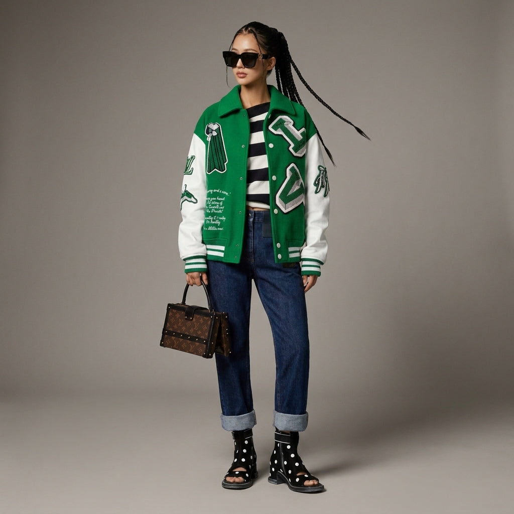 Emerald White Luxe Women’s Varsity Jacket