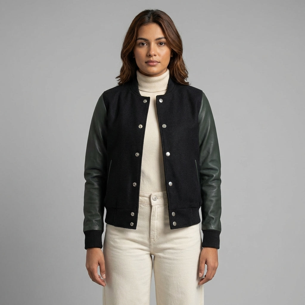 Black & Sea Green Women’s Leather Varsity Jacket