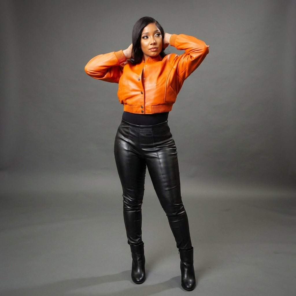 Radiant Orange Leather Women’s Varsity Jacket