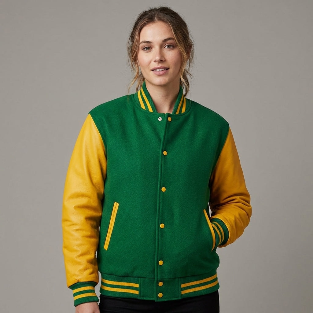 Green & Yellow Sleeves Women Varsity Jacket