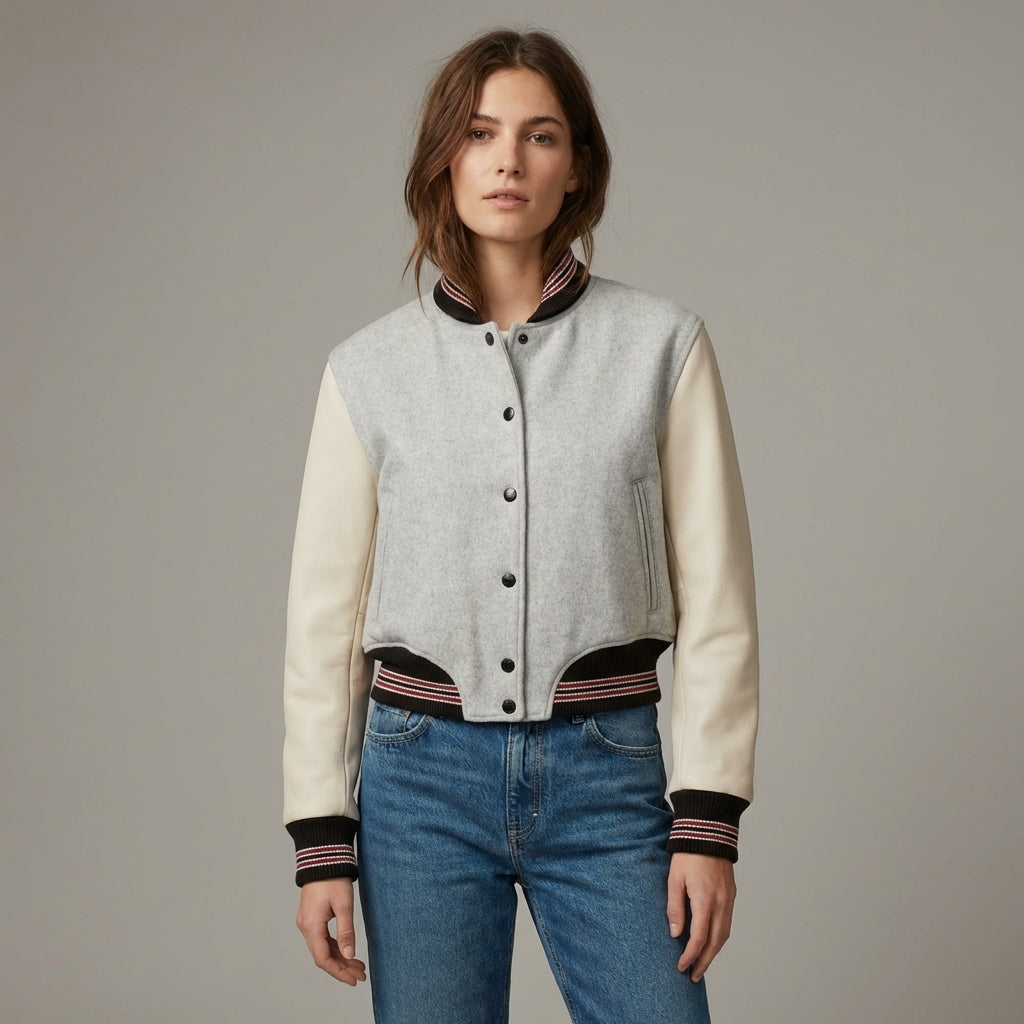 Grey & Half White Women’s Varsity Jacket