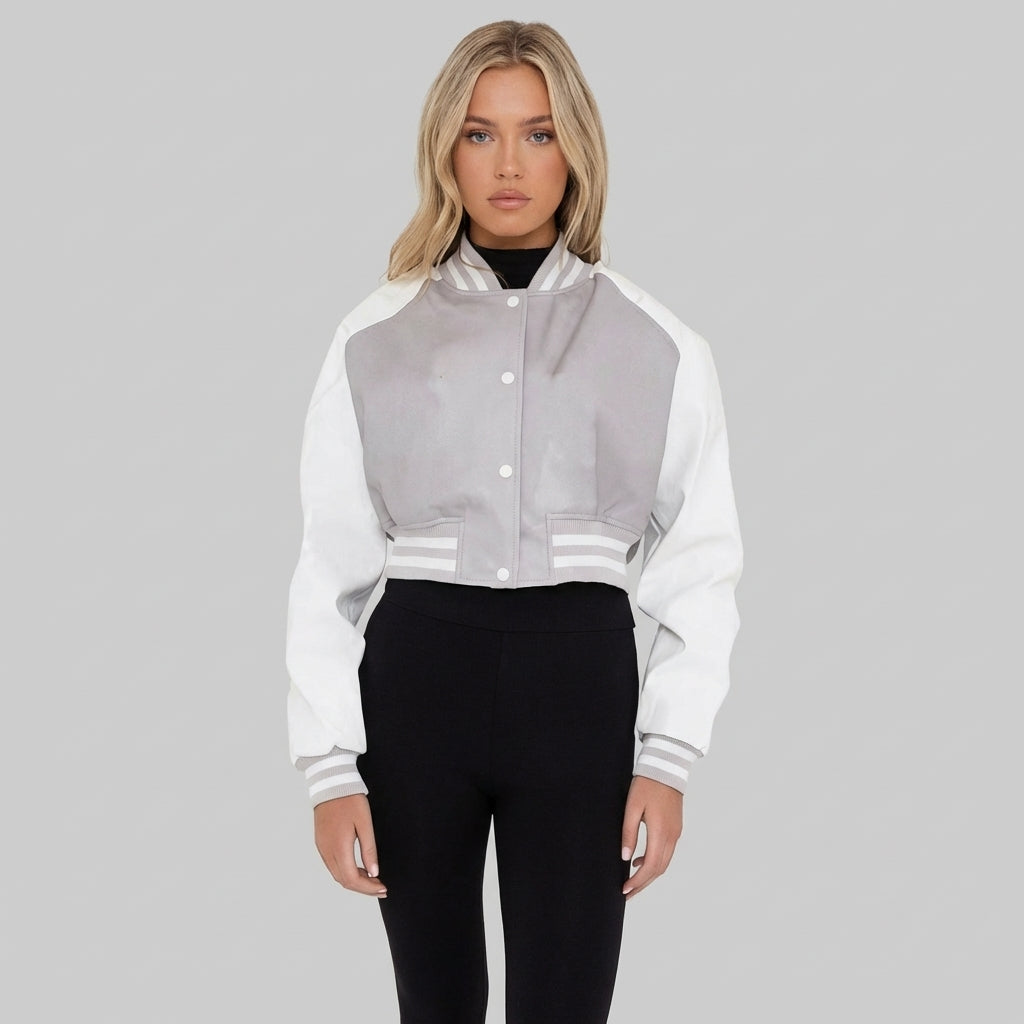 Grey & White Women’s Varsity Jacket – Chic Streetwear Edition
