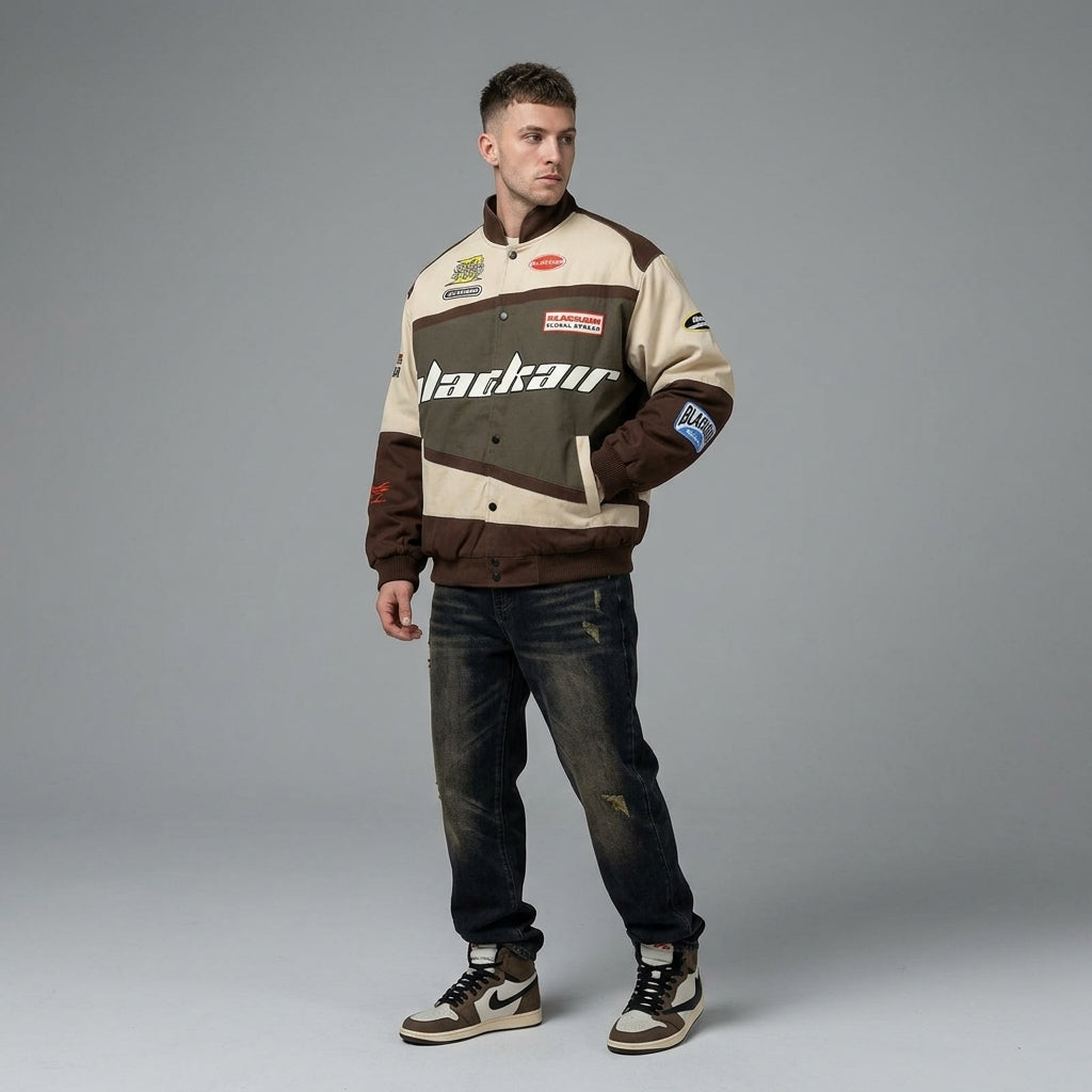 Men’s Varsity Baseball Bomber Jacket – Vintage Cotton Racing Streetwear with Pocket