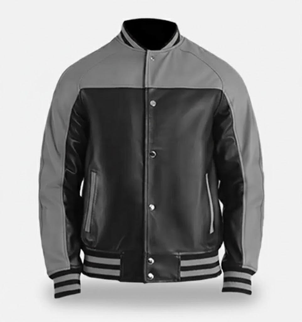 Grey & Black  Leather Varsity Jacket