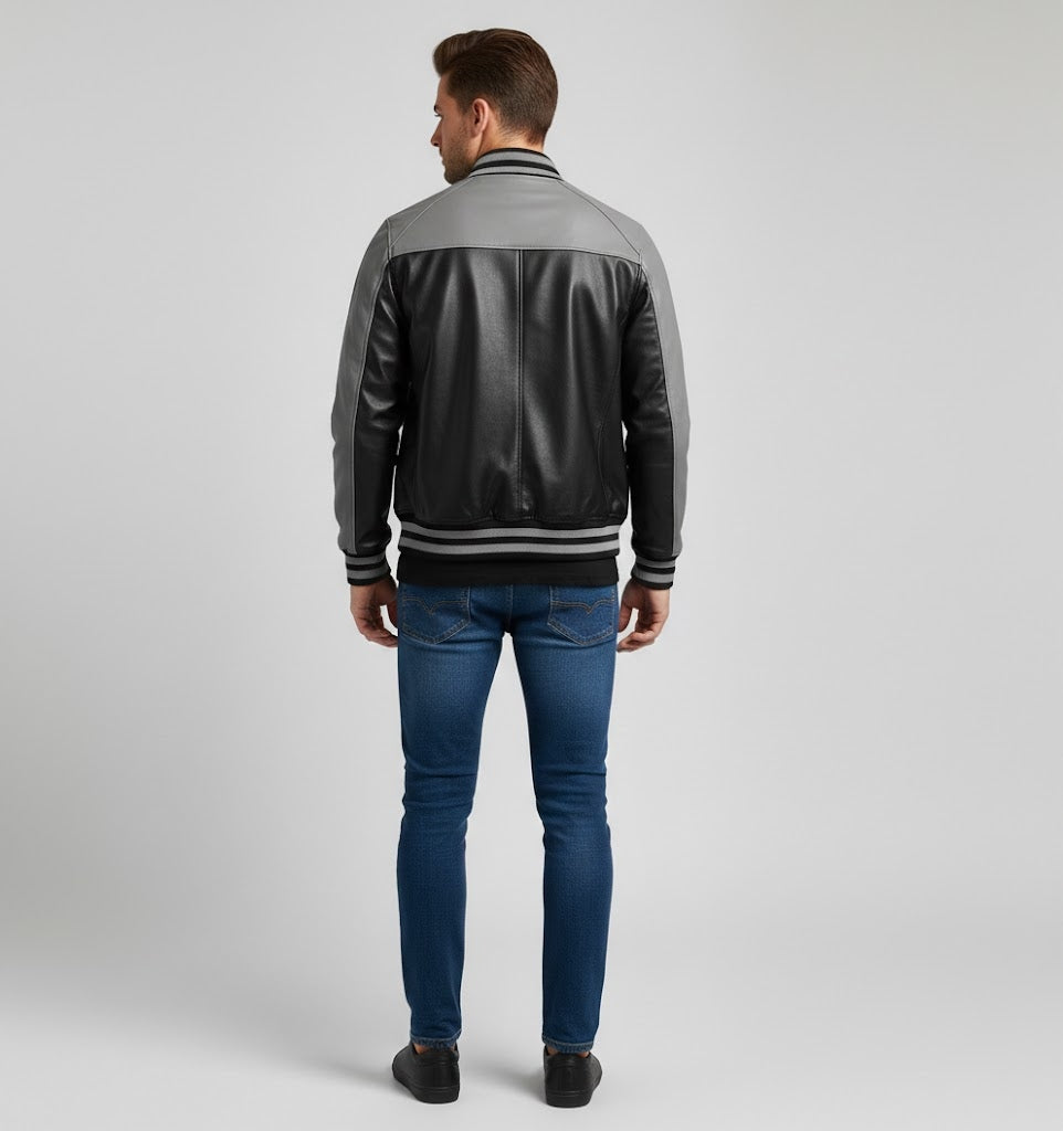 Grey & Black  Leather Varsity Jacket